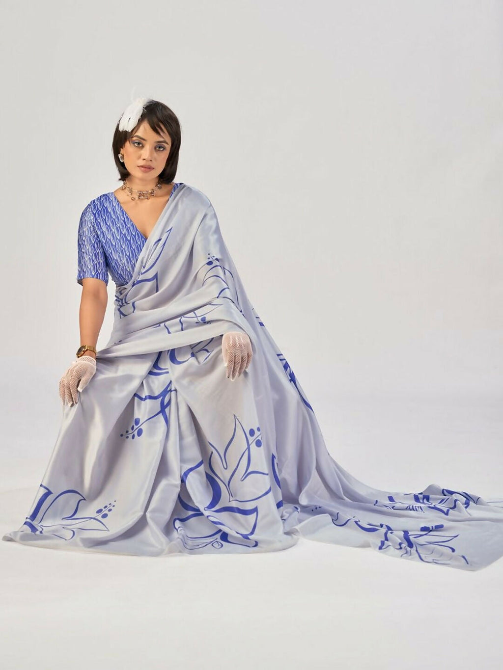 Vastranavya Sea Blue Satin Silk Elegant Printed Saree with Unstitched Blouse - Distacart