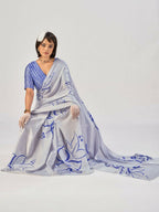 Vastranavya Sea Blue Satin Silk Elegant Printed Saree with Unstitched Blouse - Distacart