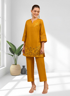 Joban Fashion Yellow Cotton, Linen Embroidered Readymade Cord Set - Distacart