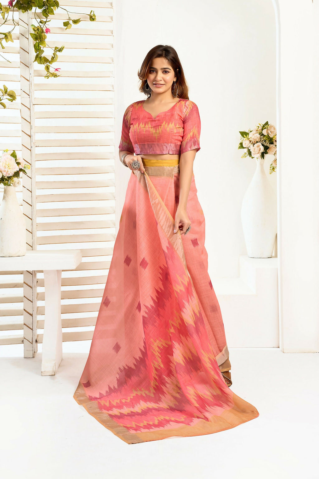 Joban Fashion Peach Ikkat Linen Ready To Wear Saree With Unstitched Blouse - Distacart