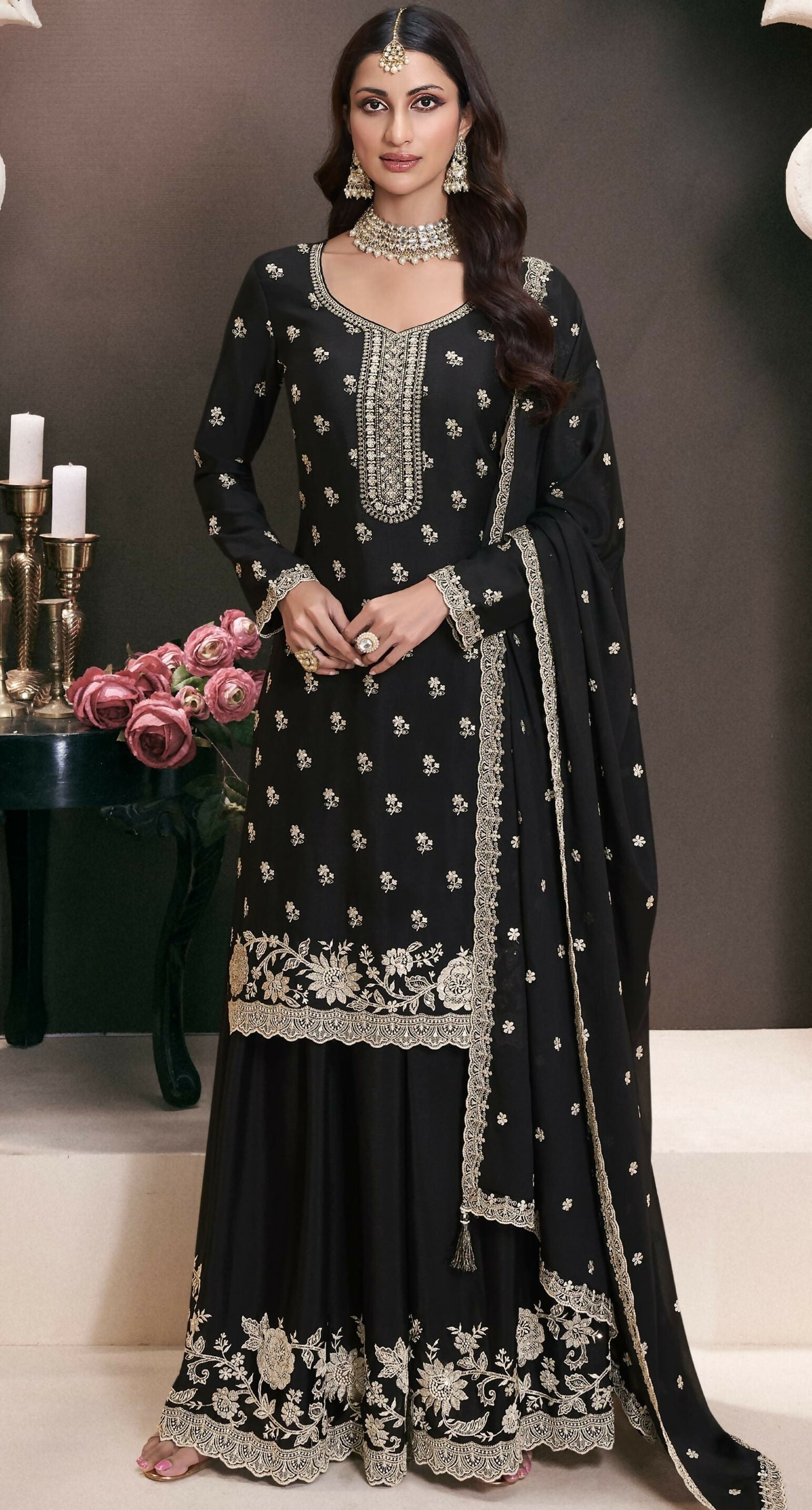 Anaita Black Chinon Embroidered Thread Work Stitched Salwar Suit - Distacart