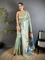 Joban Fashion Pale Blue Peacock & Floral Motifs Tissue Paithani Saree
