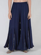 Mominos Fashion Navy Blue Viscose Rayon Flared Palazzo with Mirror Lace Work - Distacart