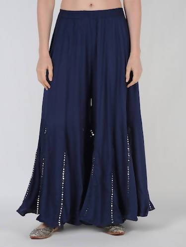 Mominos Fashion Navy Blue Viscose Rayon Flared Palazzo with Mirror Lace Work