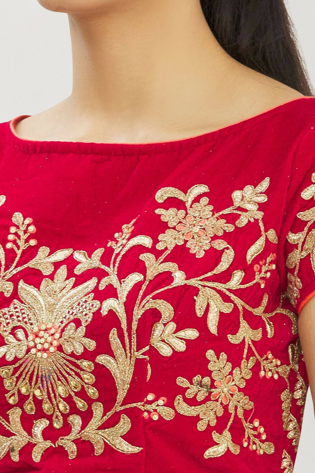 Red Velvet Semi-Stitched Wedding Bridal Lehenga - Nimaya