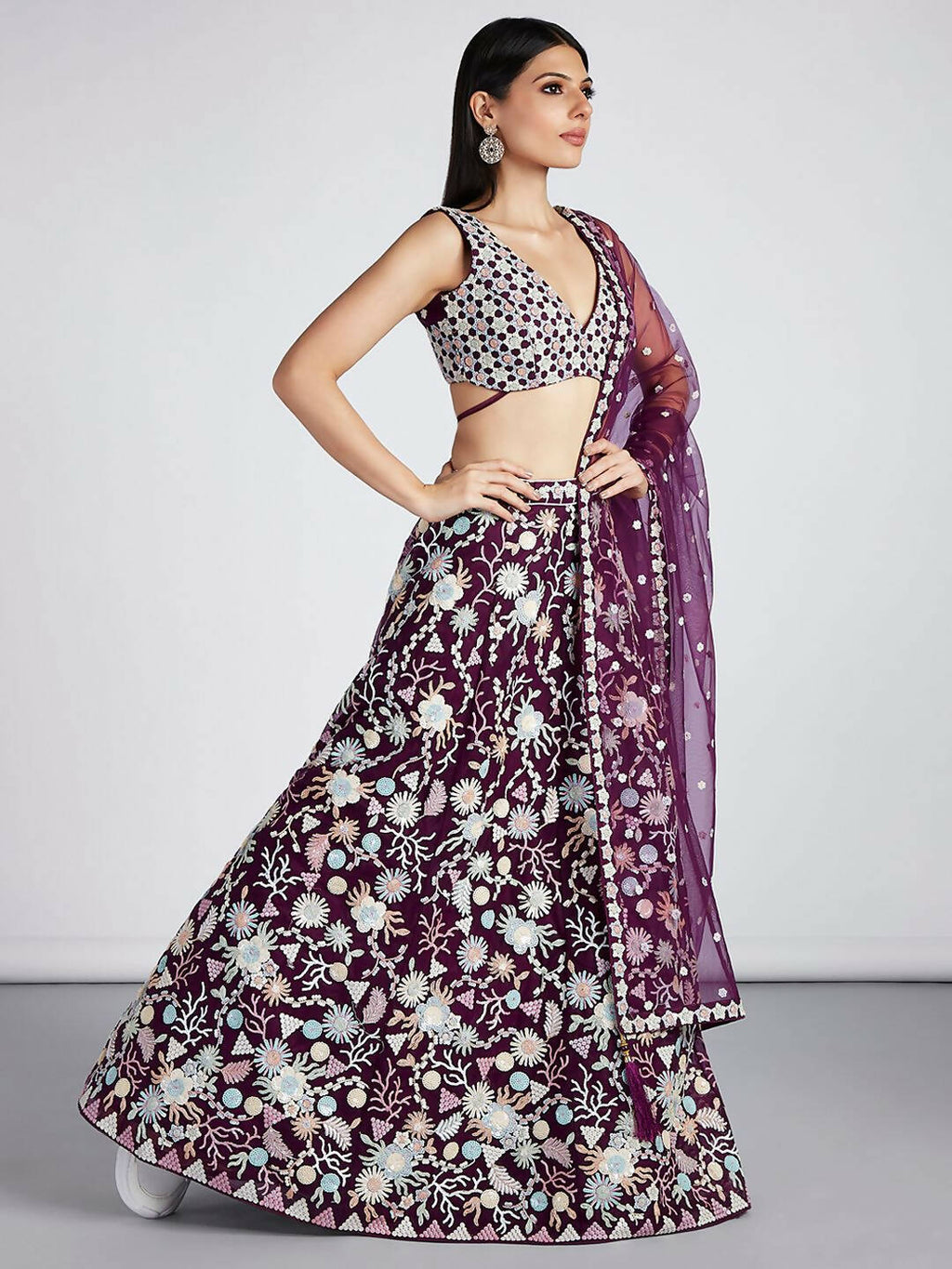 House of Panchhi Burgundy Net heavy Sequinse embroidery Semi-Stitched Lehenga choli & Dupatta