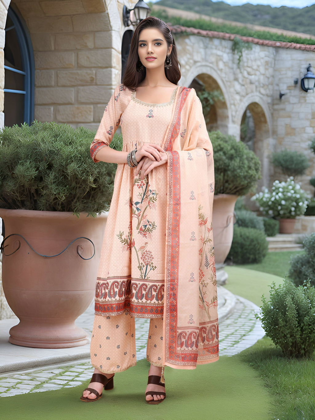 Joban Fashion Peach Position Digital Print With Position Foil Kurta Set - Distacart