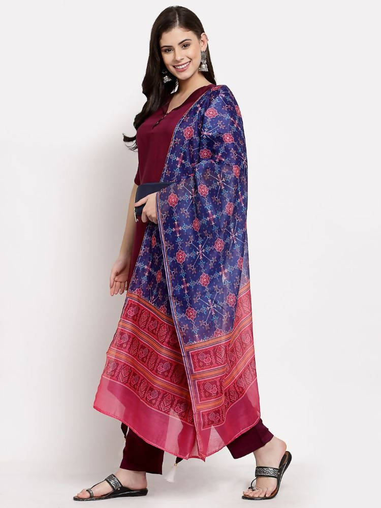 Myshka Women's burgundy Cotton Solid Half Sleeve Collar Neck Casual Kurta Pant Dupatta Set
