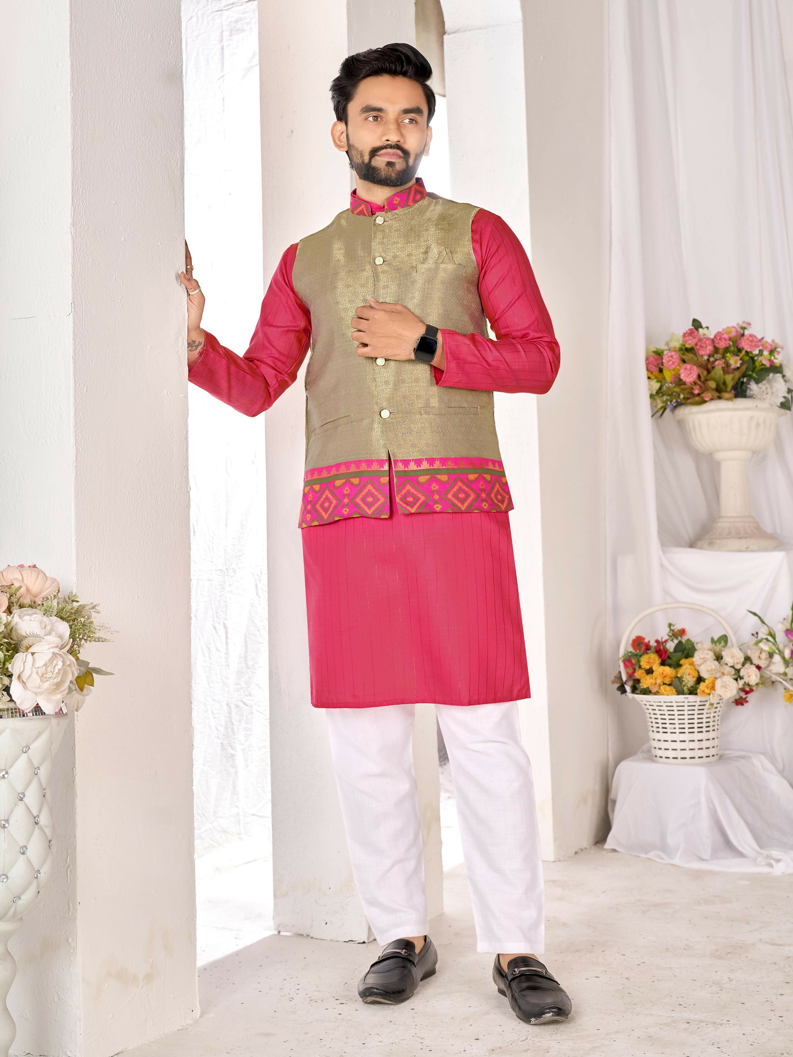 Anaita Mehendi Cotton Straight Kurta Payjama & Koti With Jequard Work