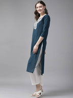 Yufta Women Blue And White Embroidered Kurta with Trouser & With Dupatta