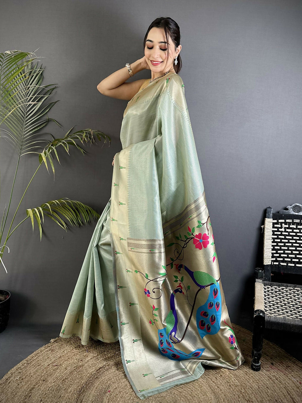 Joban Fashion Pale Blue Peacock & Floral Motifs Tissue Paithani Saree