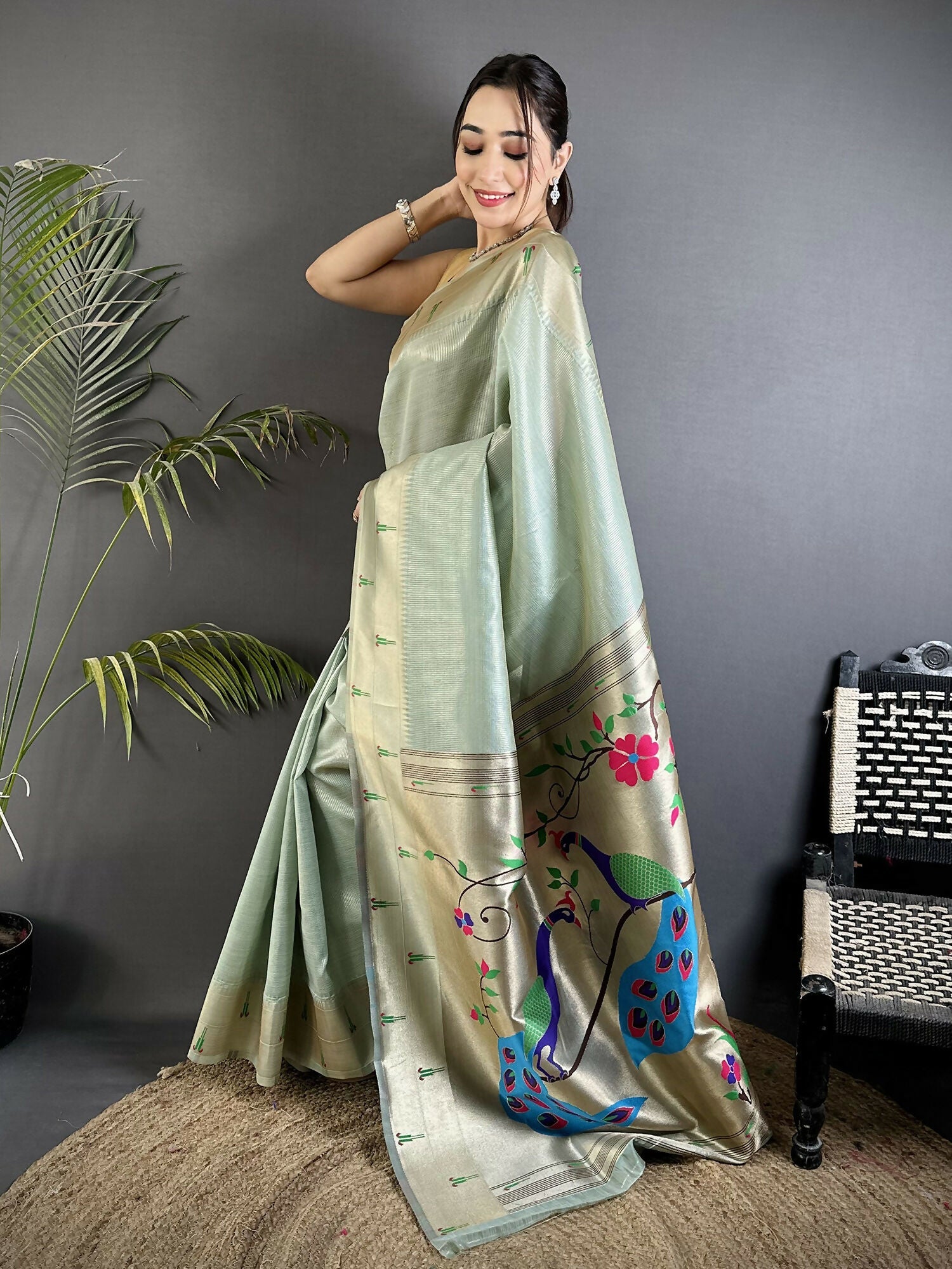 Joban Fashion Pale Blue Peacock & Floral Motifs Tissue Paithani Saree