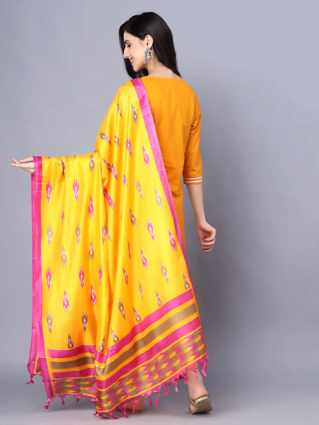 Myshka Women Mustard Yellow Pure Cotton Kurta with Trousers With Dupatta - Distacart