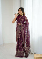 PR Fashion Wine Georgette Patta Plain With Foil Work And Small Lace And Zalar Lace Saree