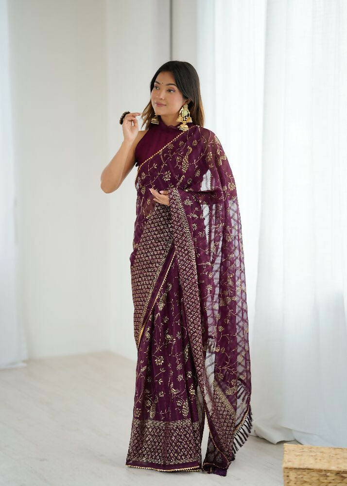 PR Fashion Wine Georgette Patta Plain With Foil Work And Small Lace And Zalar Lace Saree
