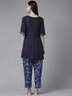 Ahalyaa Women Navy Blue Rayon Wax Printed Angrakha Gotta Patti Tunic With Trousers - Distacart