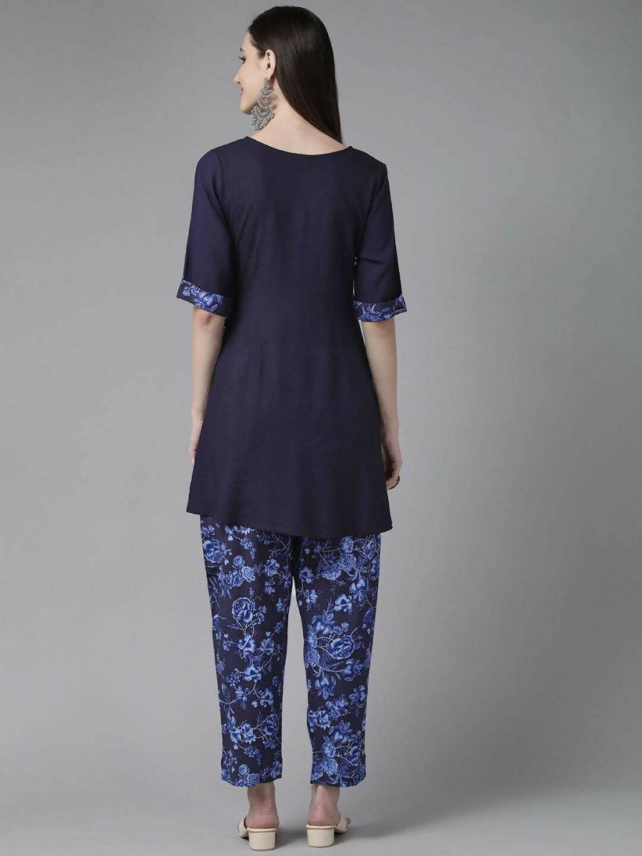 Ahalyaa Women Navy Blue Rayon Wax Printed Angrakha Gotta Patti Tunic With Trousers - Distacart