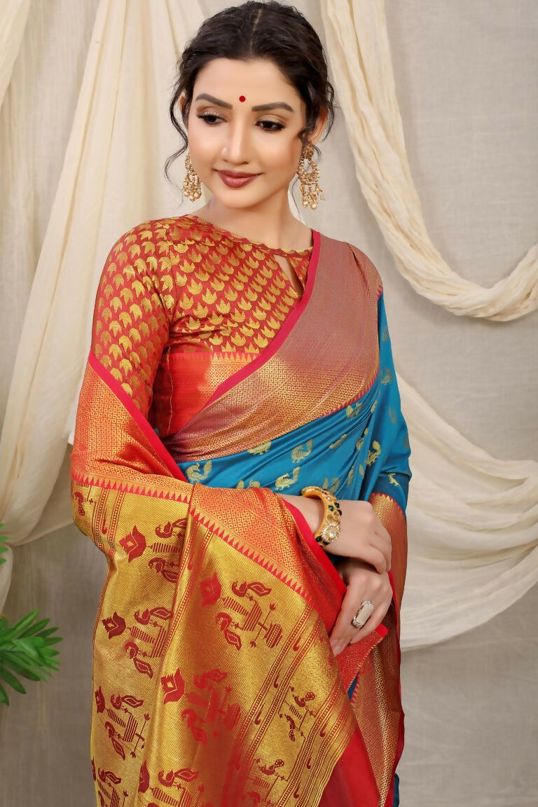 Jyoti Fashion Women's Firozi Banarasi Silk Zari Woven Saree with Blouse