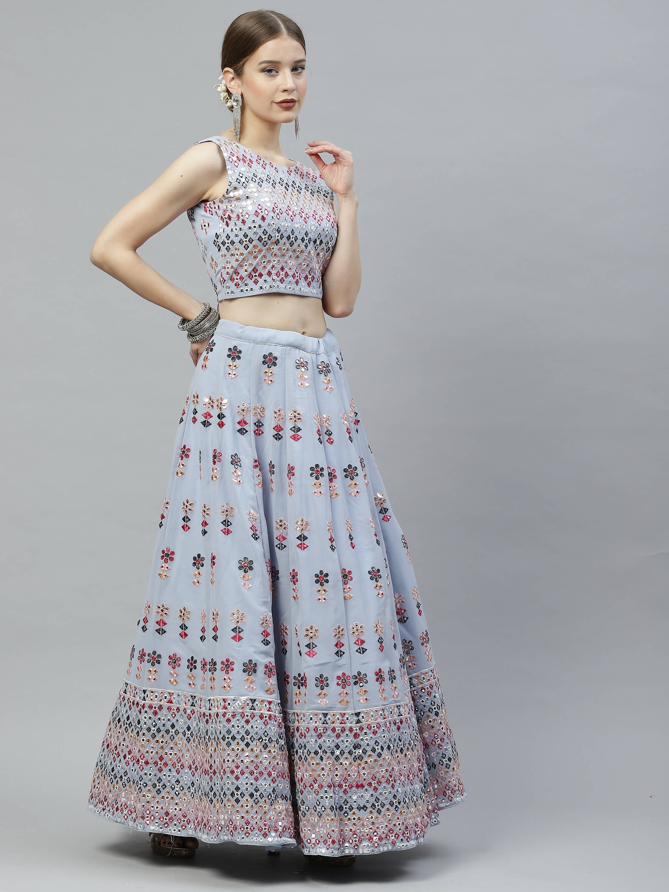 Sky Blue Georgette Heavy Embroidery mirror Work Lehenga Choli with Dupatta - Jivika