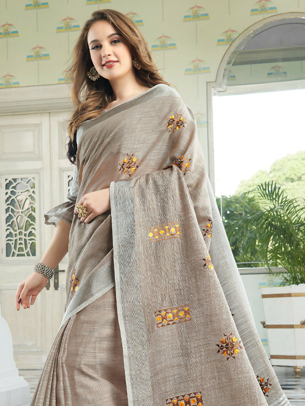 Shree Shyam Fashion Linen Light Beige Saree - Distacart
