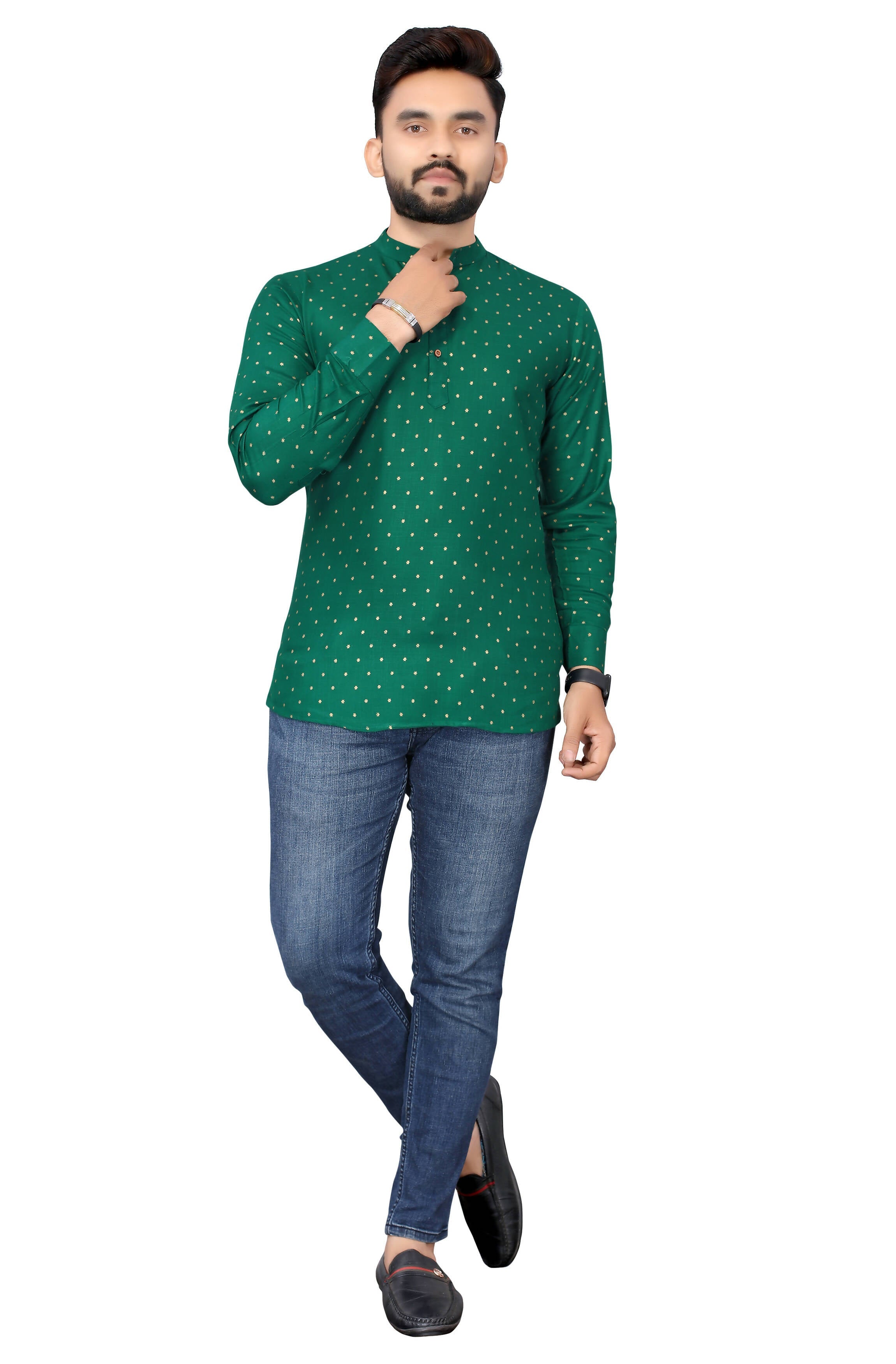 Mens Green Viscose Foil Print Kurta - Mahotsav