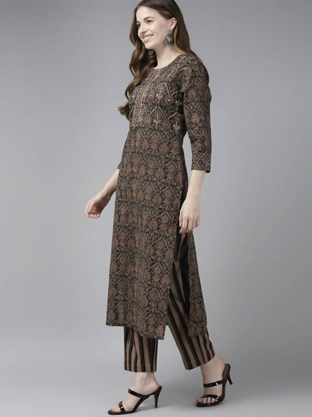 Yufta Women Black Ethnic Motifs Printed Pure Cotton Kurta with Trouser and Dupatta