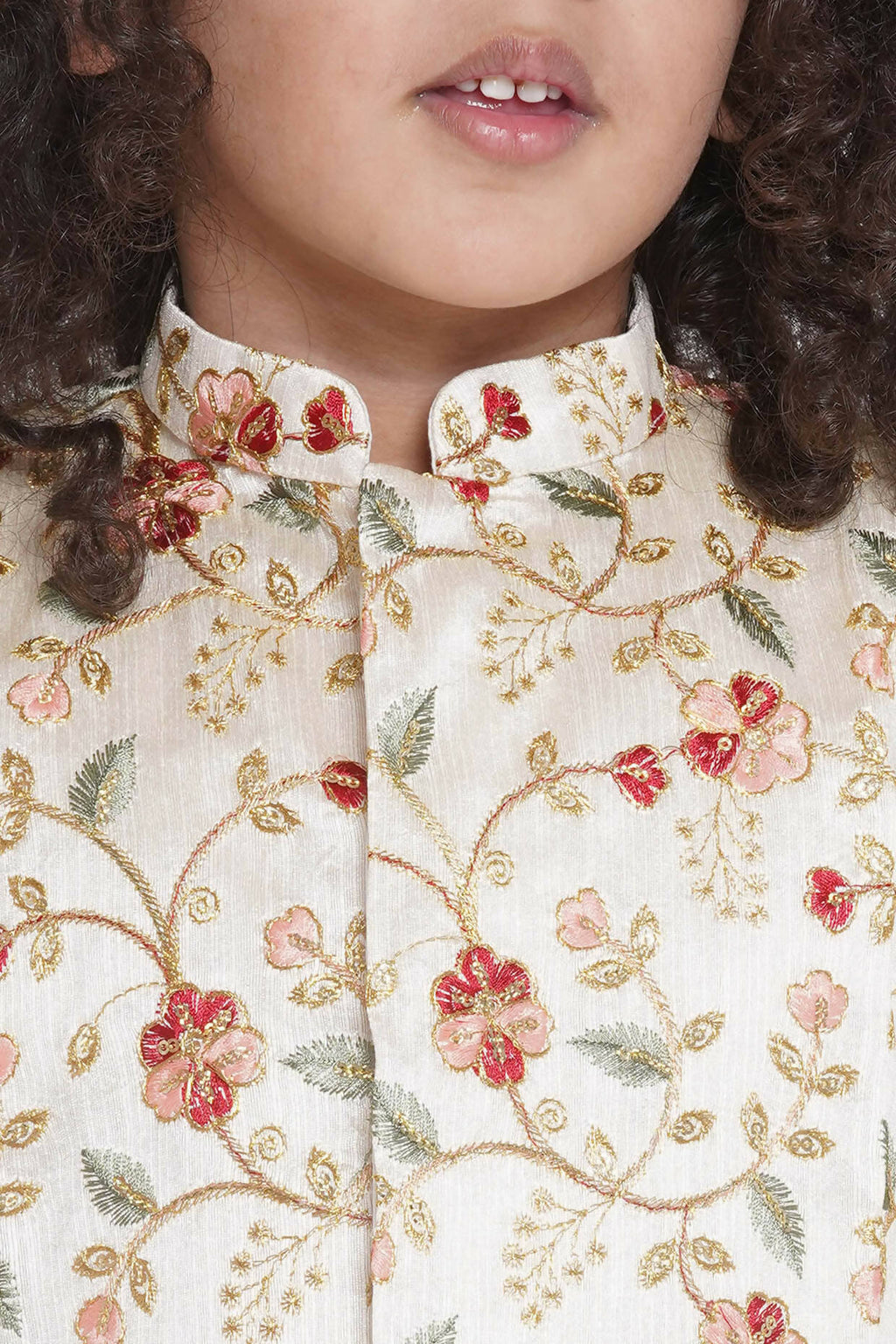 Little Bansi Banarsi Floral Embroidery Jacket Wth Cotton Kantha kurta And Kantha Dhoti - Cream