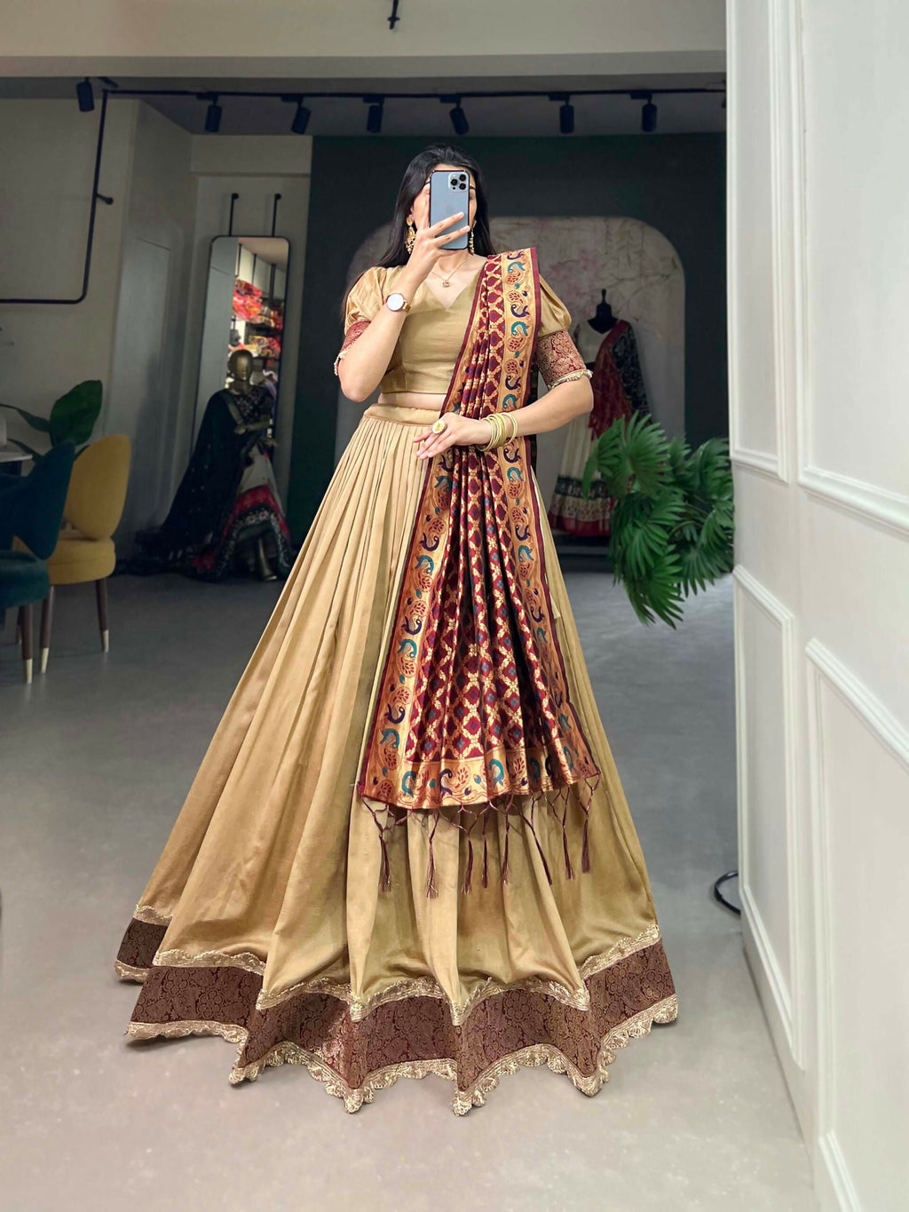 Vastranavya Traditional Jacquard Vichitra Silk Lehenga Choli - Chiku