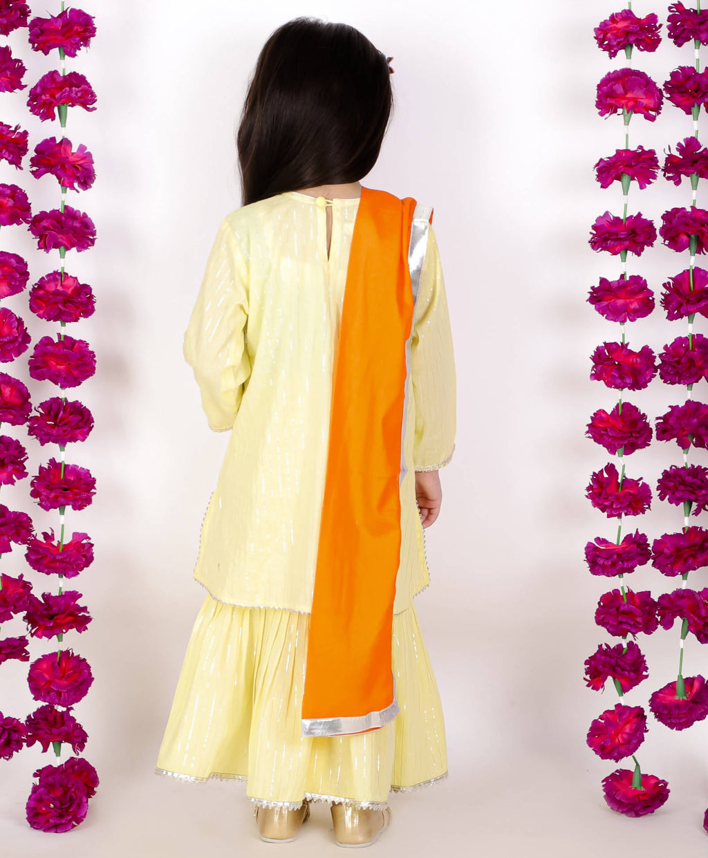 Little Bansi Girls Yellow & Orange Color Mirror work Kurta frock with Sharara & Dupatta