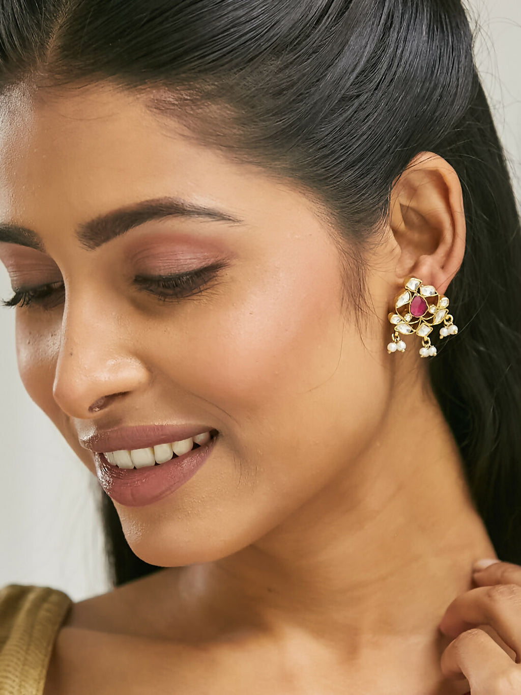 Nuyug 22K Gold-Plated Elegant Kundan & Ruby Stone Studded & Beaded Studs - Distacart