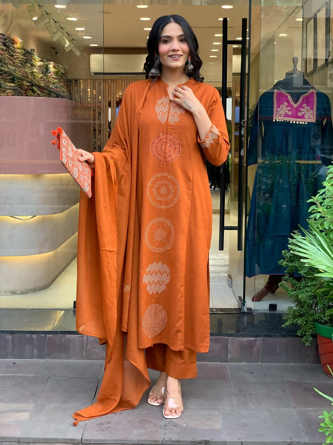 The52 Orange Women's Gorgeous Chanderi Fabric Embroidered Work Straight Kurta Pant and Dupatta Set - Distacart