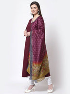 Myshka Burgandy Printed Cotton Full Sleeve V Neck Casual Kurta Dupatta Set