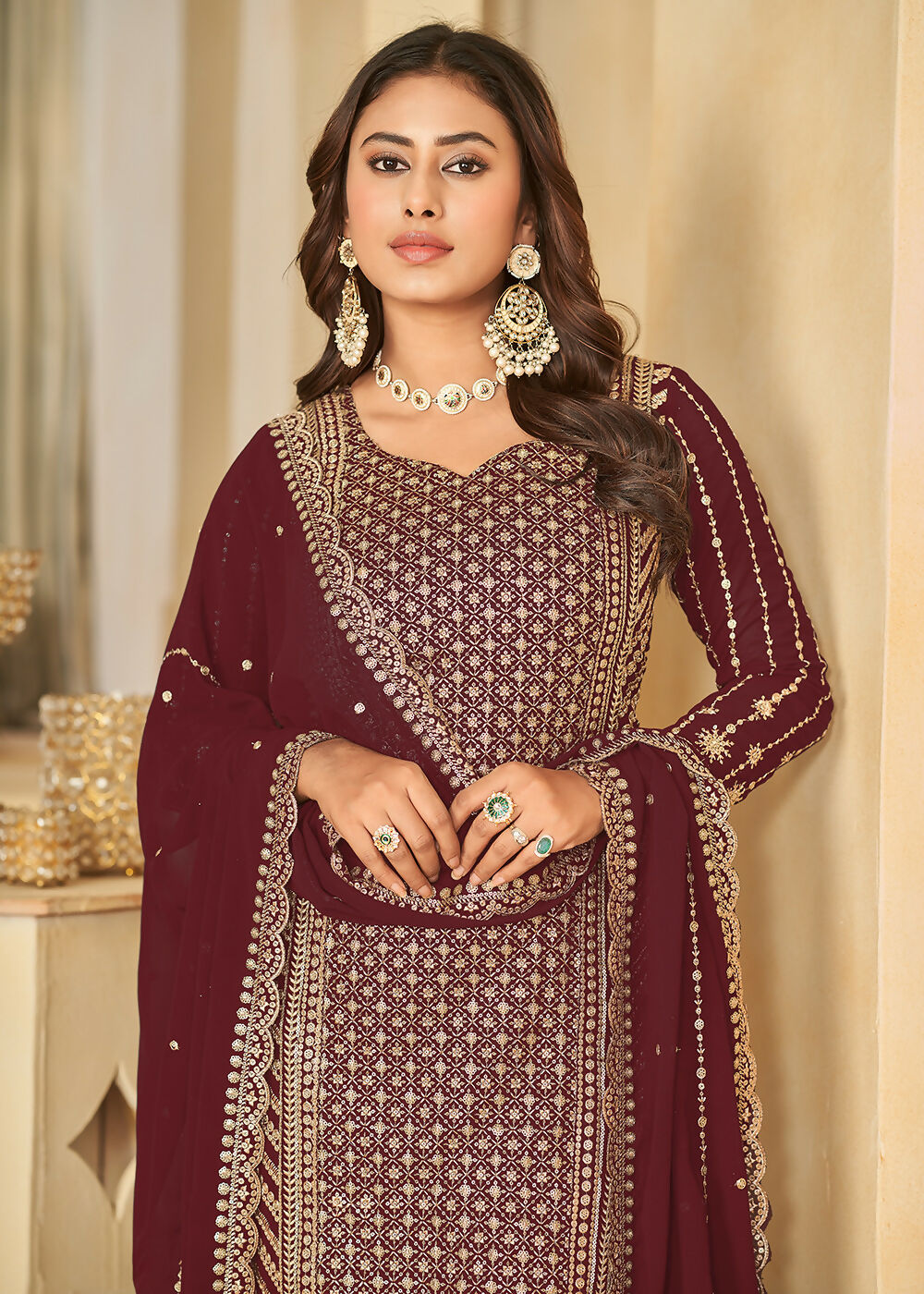Mesmeric Maroon Faux Georgette Palazzo Suit with Embroidery - Emponline