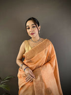 Joban Fashion Orange Floral & Paisley Linen Silk Banarasi Saree - Distacart