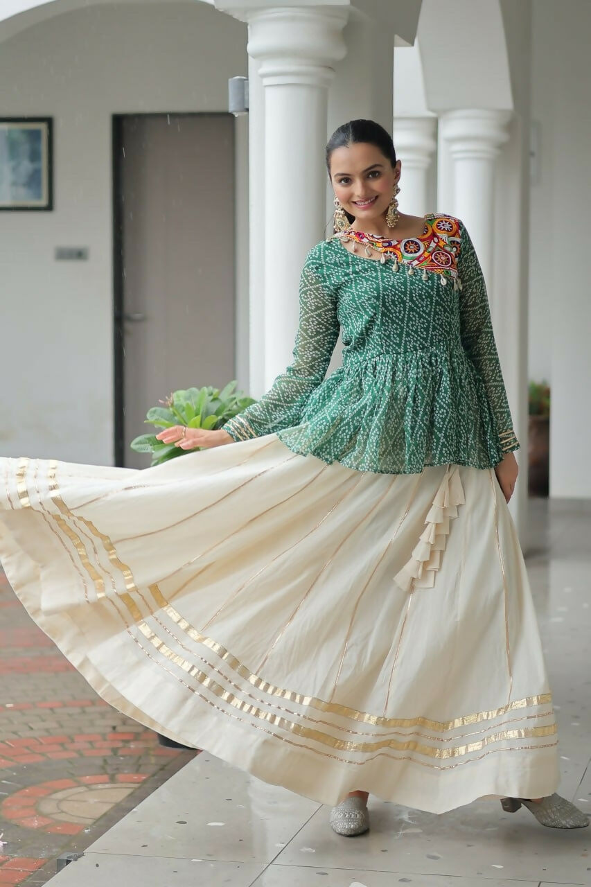 Teeya Creation Green And White Colour Cotton Printed Navratri Lehenga Choli