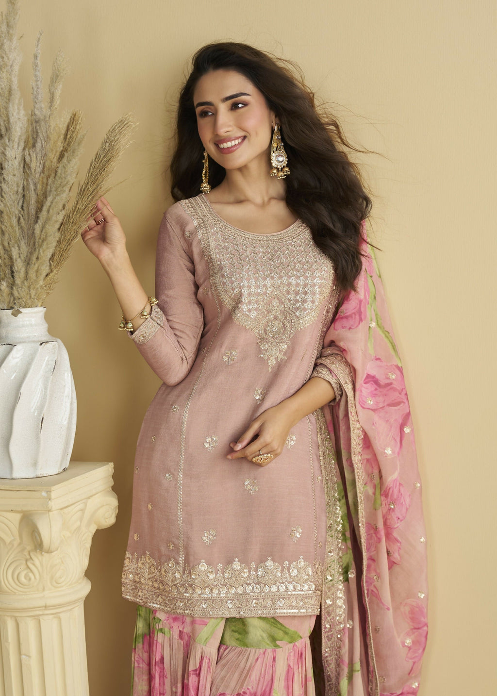 Anaita Pink Chinon Readymade Sharara Suit with Embroidery Sequence Work - Distacart