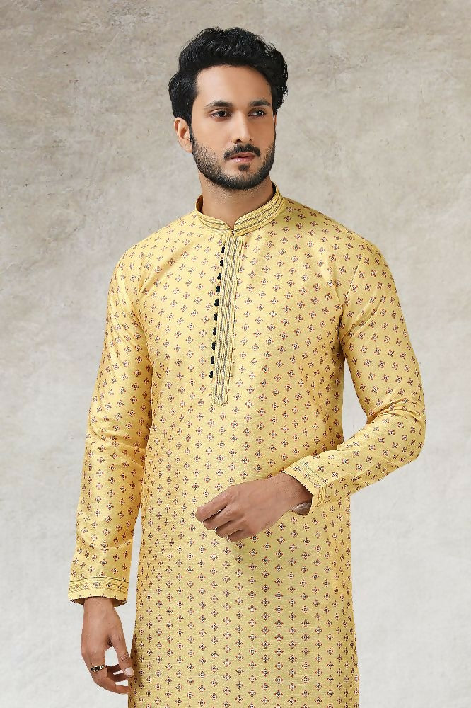 Raivat Ethnic Art Silk Printed Work Kurta Pajama In Yellow Colour
