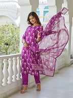 The52 Wine Women's Beautiful Cotton Blend Fabric Printed Work Straight Kurta, Pant and Dupatta Set - Distacart