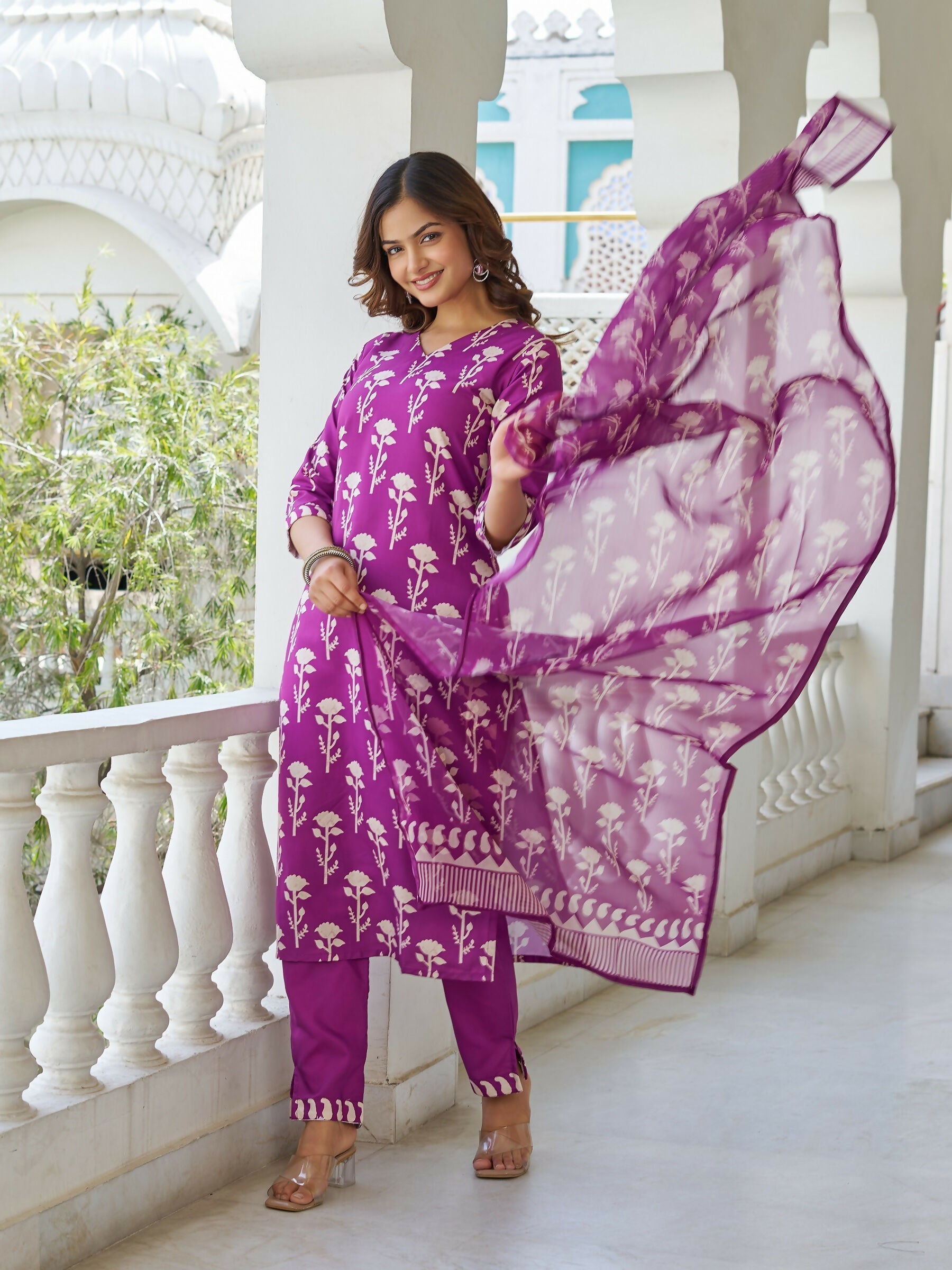 The52 Wine Women's Beautiful Cotton Blend Fabric Printed Work Straight Kurta, Pant and Dupatta Set - Distacart
