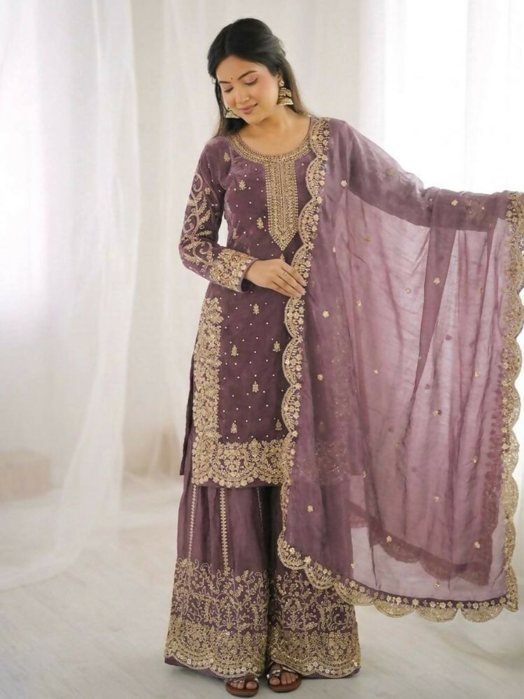 Teeya Creation Onion Color Fendy Silk Embroidery Work Wedding Wear Salwar Suit - Distacart