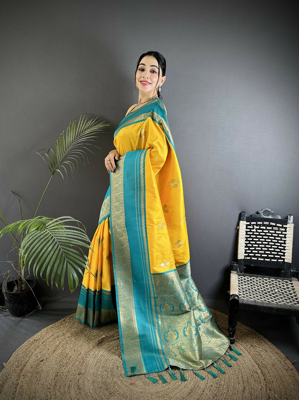 Joban Fashion Yellow Banarasi Soft Silk Woven Saree - Distacart