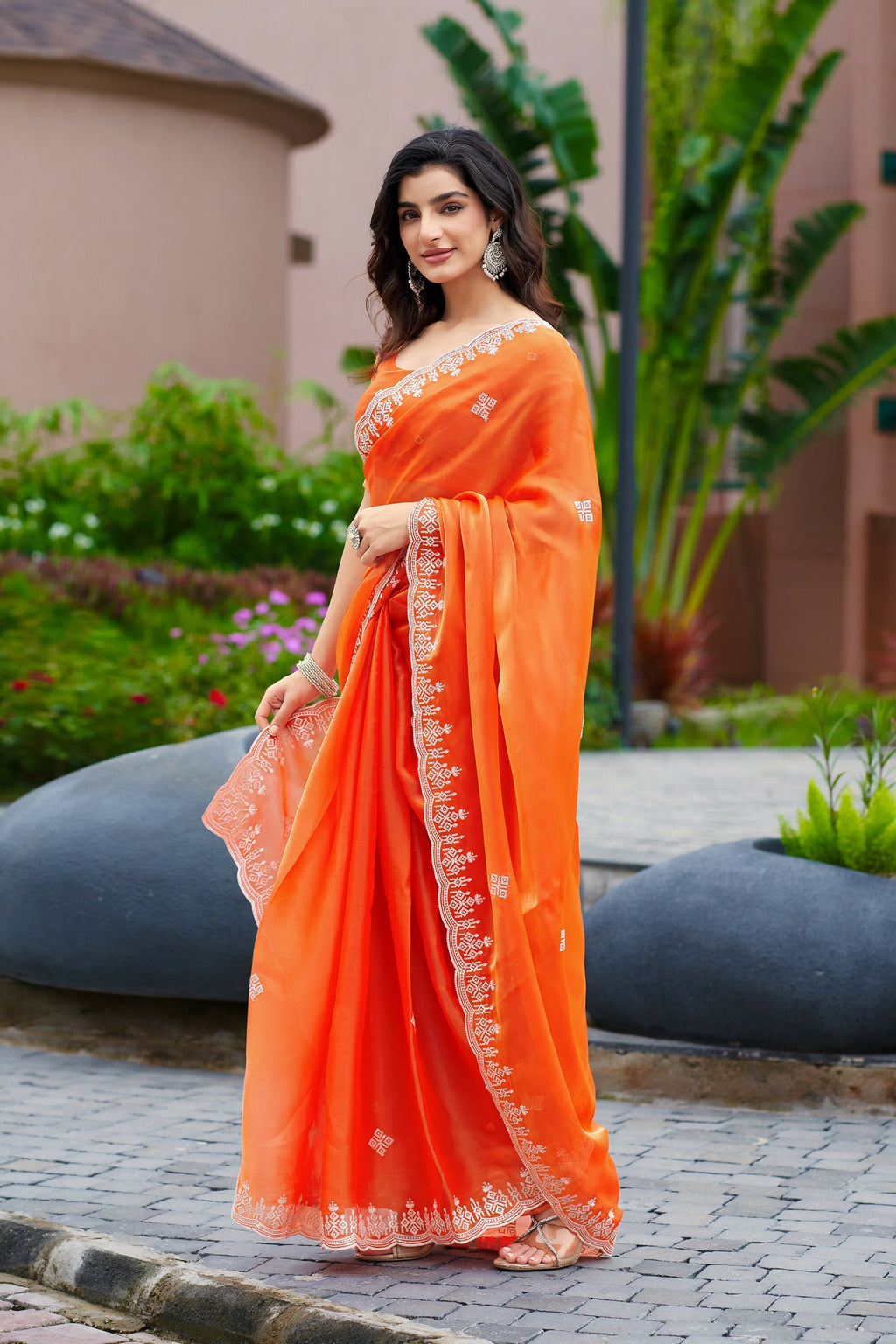 Vastranavya Orange Embroidery Work Shimmer Chiffon Saree with Unstitched Blouse - Distacart