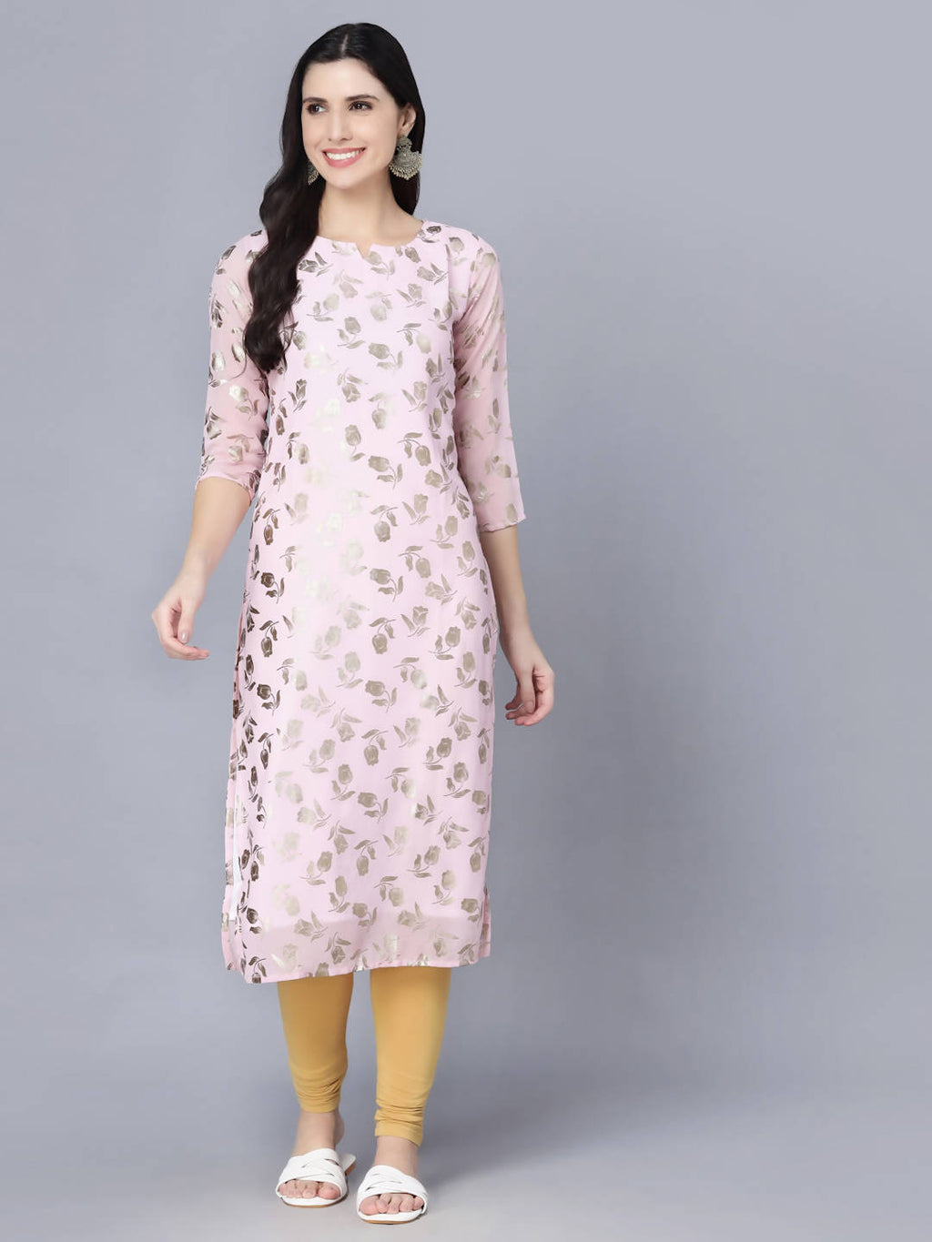 Myshka Women Pink Floral Printed Gotta Patti Georgette Kurta - Distacart