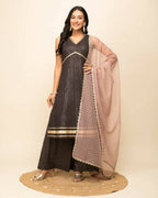 FIORRA Women's Black Lurex Cotton Straight Kurta Pant With Dupatta