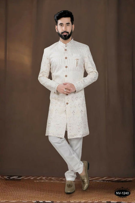 Joban Fashion Men's Base Cream(Pink Touchup) Silk Kurta with Pyjama