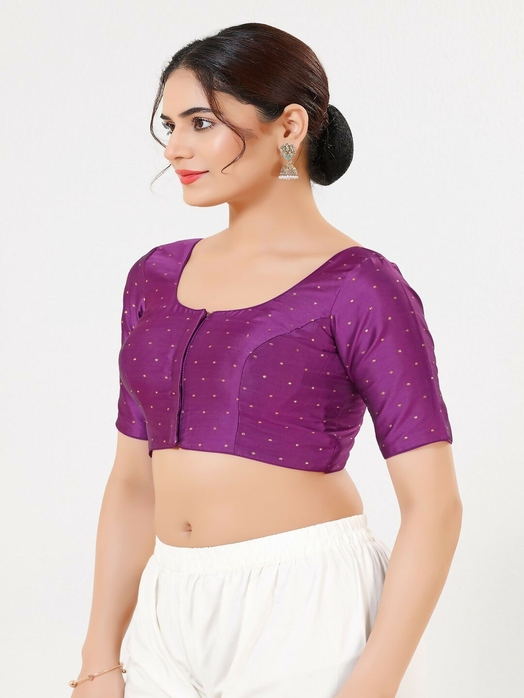 Joban Fashion Purple Taffeta Silk Elbow Sleeveless Front Open Blouse