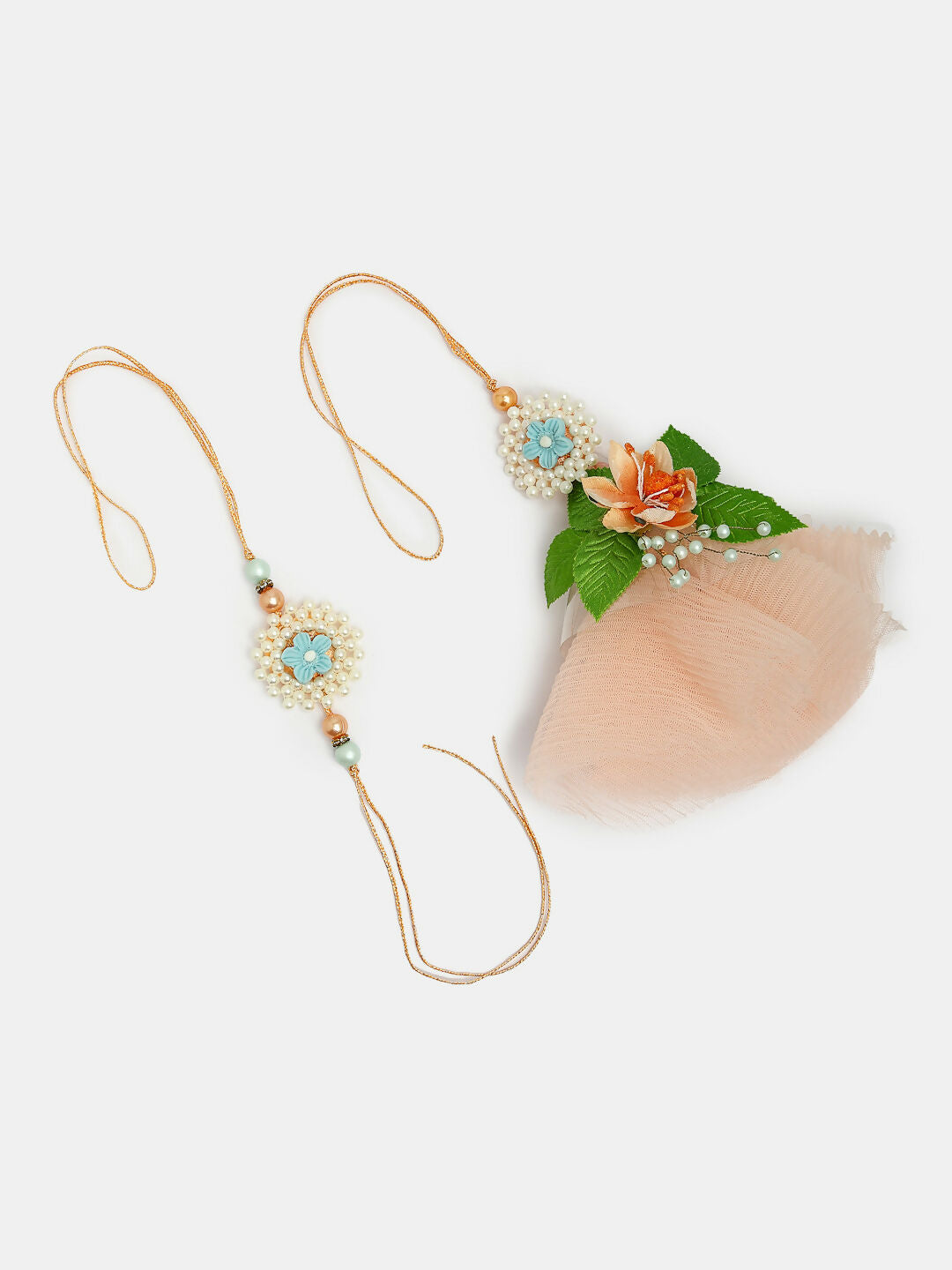 NVR Women & Men Set of 2 Peach Floral Design Pearl Beaded Bhaiya Bhabi Rakhi With Roli Chawal & Chocolate - Distacart