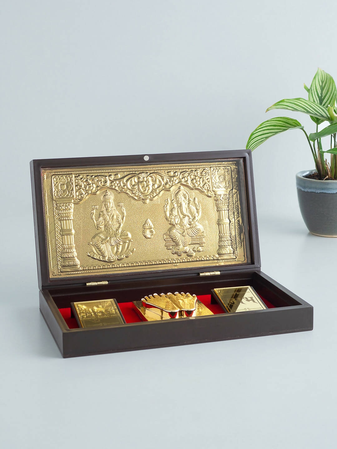 Golden Peacock Brown & Gold-Toned 24 Ct Gold Foil Laxmi And Ganesh Pooja Box