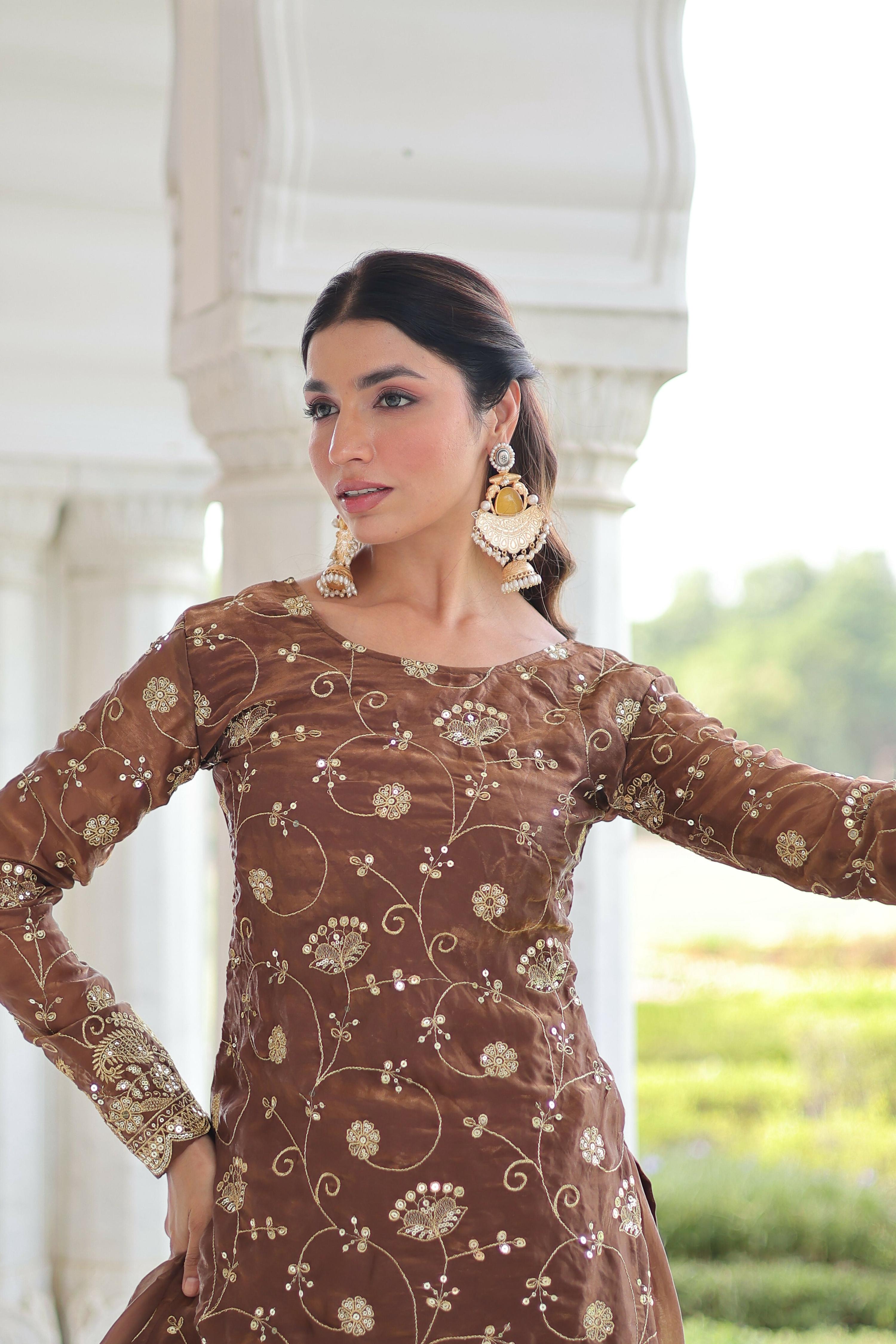Joban Fashion Coffee Readymade Kurta Set With Sequence embroidery Work - Distacart