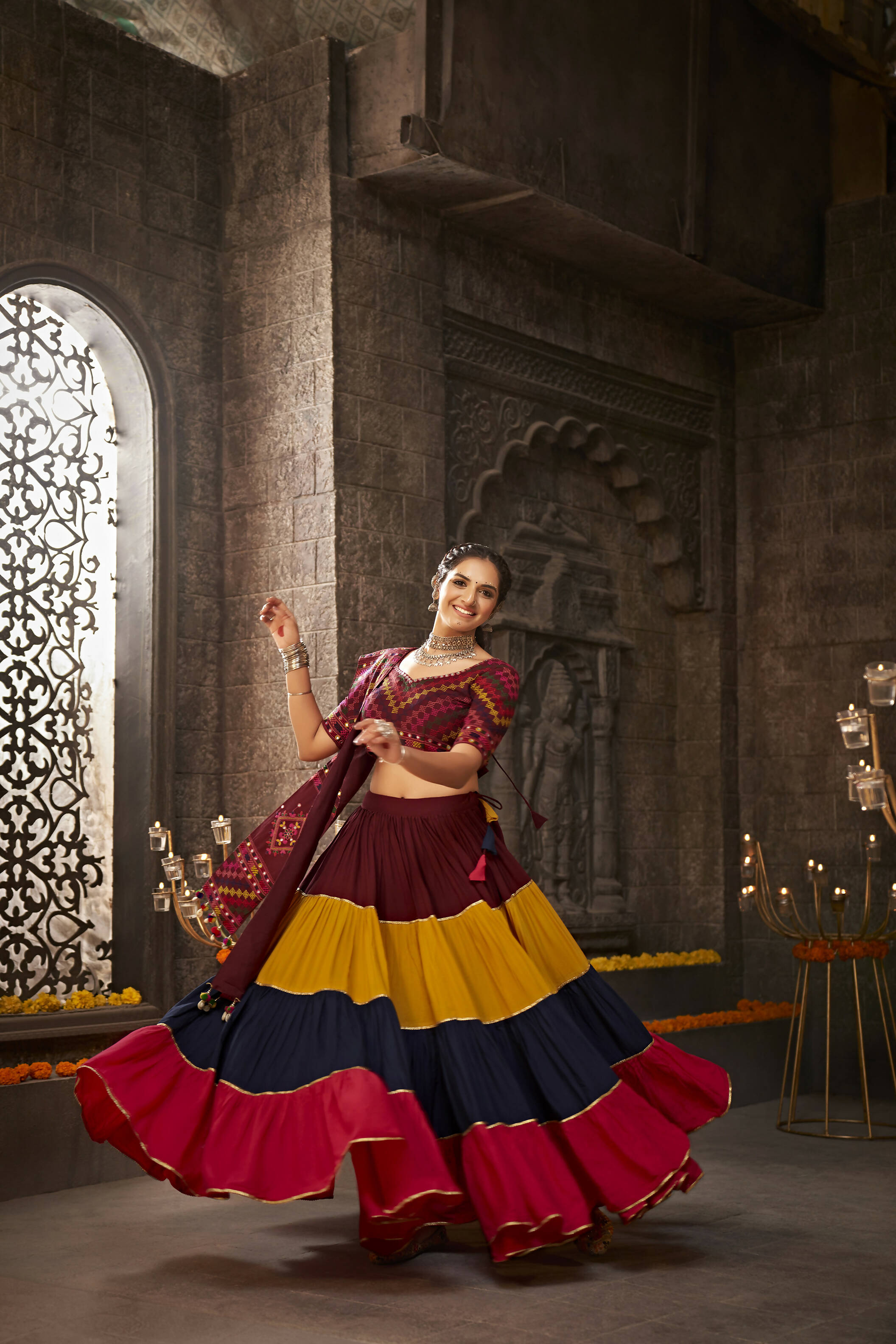 Multi Color Viscose Rayon Thread Embroidered Navratri Lehenga Choli with Dupatta - Raas